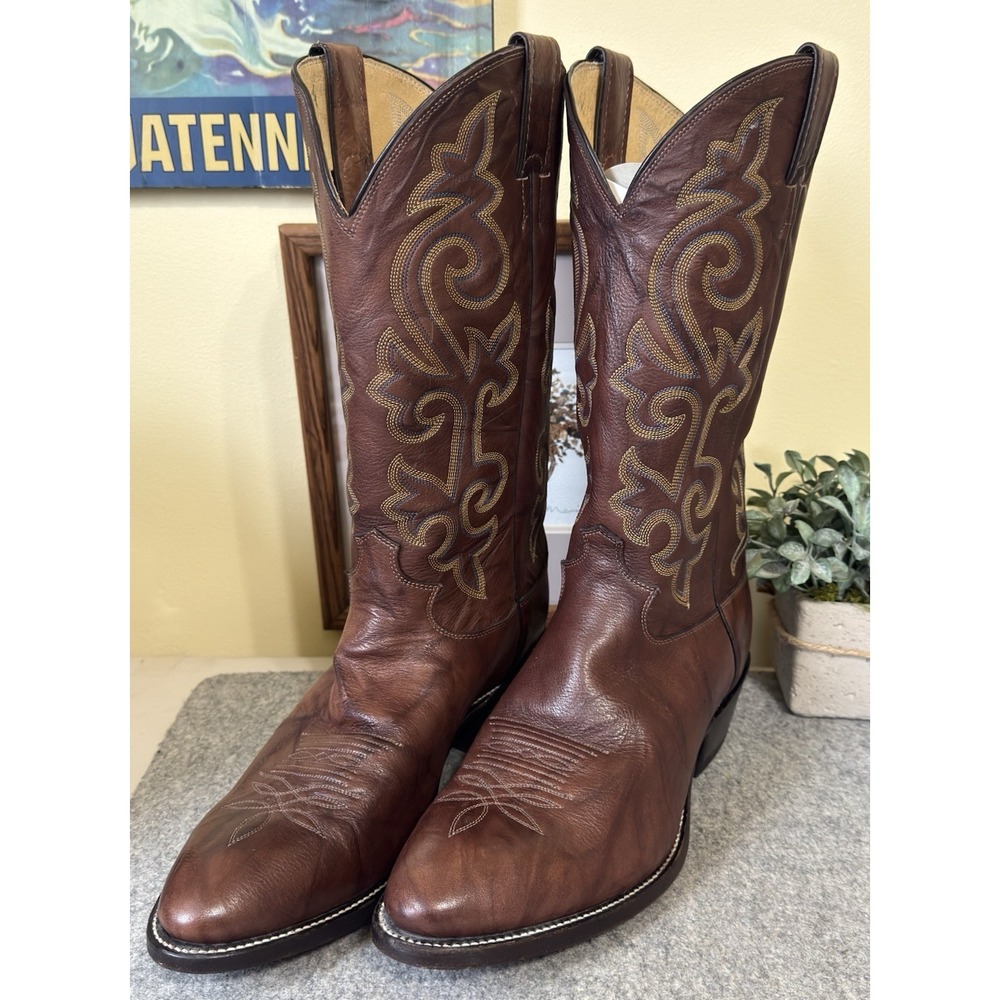 Justin Men's Western Cowboy Boots Brown Leather Size 10.5 EE Wide Round Toe USA